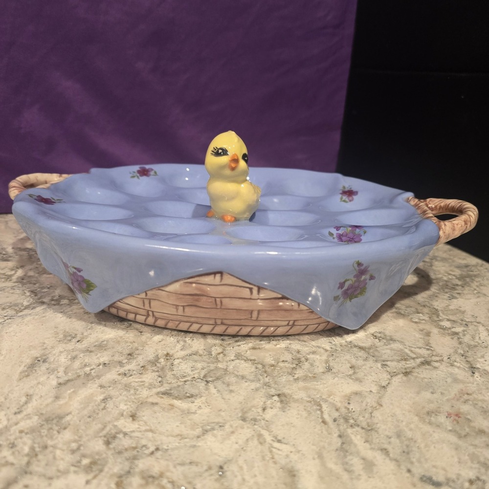 Vintage Ceramic Deviled Egg Platter 3D Baby Chick Figurine Easter Basket Blue
